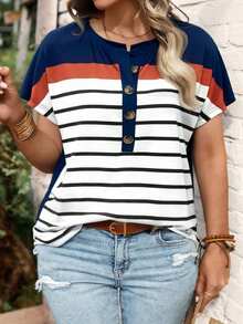 EMERY ROSE New Plus Size Women Fashion Printed Striped Casual Versatile Short Sleeve T-Shirt - Multicolor - View 5
