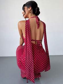 Firerie 女士优雅简约浪漫性感派对、情人节、婚礼宾客、生日、节日、音乐节波点印花V领系带露背透视红色长裙 - 紅色 - 查看 1
