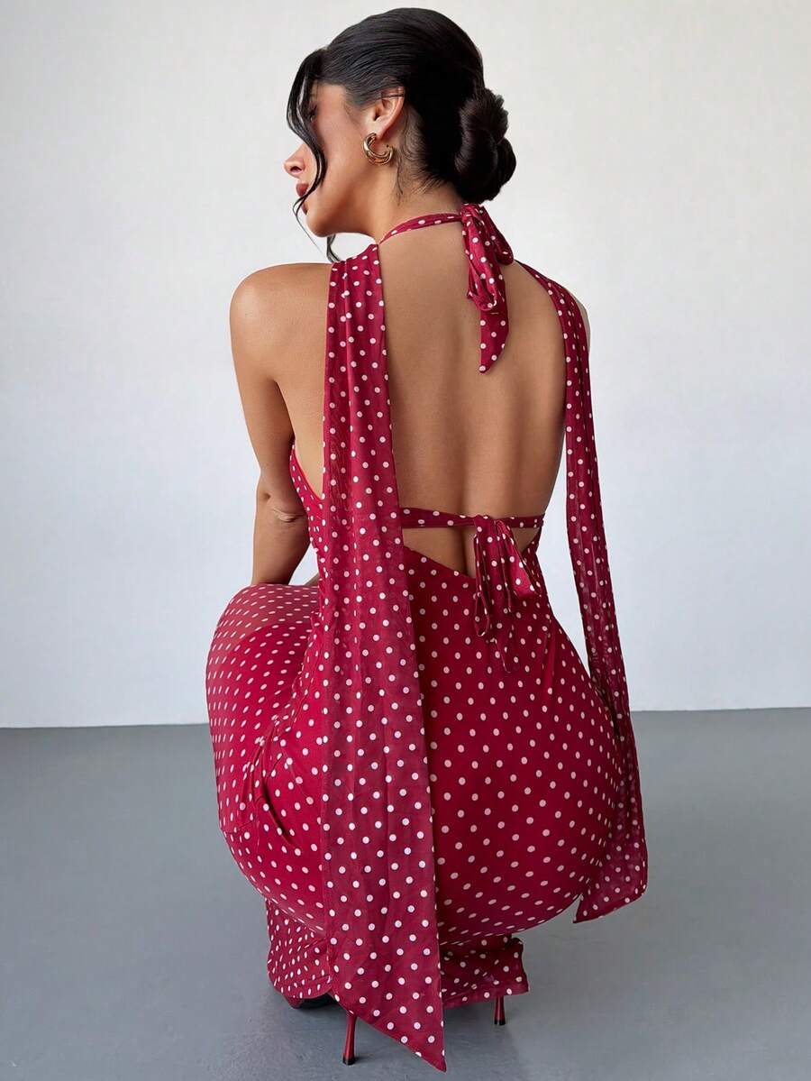 Firerie 女士优雅简约浪漫性感派对、情人节、婚礼宾客、生日、节日、音乐节波点印花V领系带露背透视红色长裙 - 紅色 - 查看 1