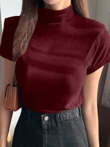 DAZY Camiseta de manga corta ajustada de cuello alto para mujer, capa base de verano - Burdeos - Ver 4