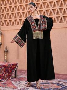 Al Najma 纯色拼接花卉印花金色流苏黑色长款开衫 - 彩色 - 查看 8