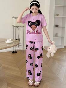 SHEIN 少女卡通印花针织短袖上衣和睡裤睡衣套装 - 粉色 - 查看 5