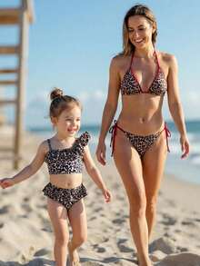 女童蓝白条纹比基尼套装，可爱荷叶边不对称肩带可调节荷叶边三角泳衣两件套 - 彩色 - 查看 8