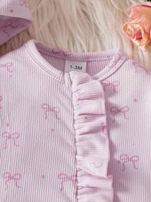 SHEIN Newborn Infant Bow Print Cute Baby Romper Jumpsuit + Hat, Autumn/Winter
