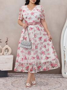 Modelyn Plus Size Lace Print Short Sleeve A-Line Bowknot Dress - Multicolor - View 1