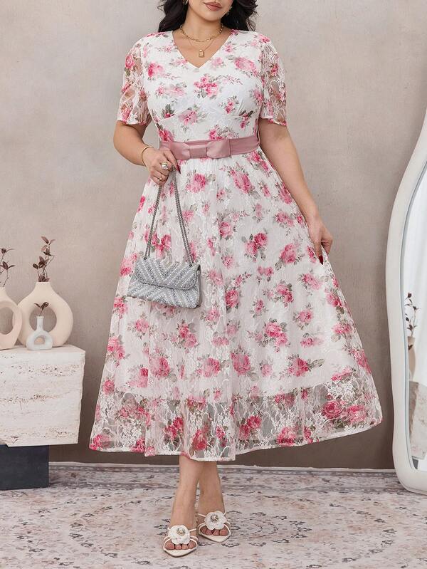 Modelyn Plus Size Lace Print Short Sleeve A-Line Bowknot Dress