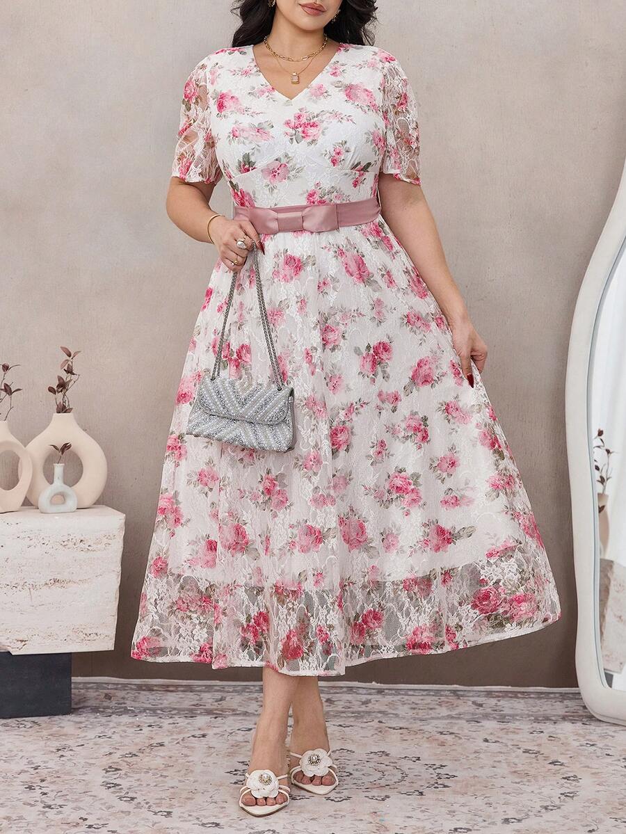 Modelyn Plus Size Lace Print Short Sleeve A-Line Bowknot Dress - Multicolor - View 1
