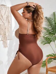 SHEIN CURVE+ 大码女士连体泳衣，休闲风格，适合夏季海滩度假，女士度假装，女士沙滩装，泳装，女士背心 - 咖啡棕 - 查看 2
