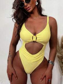Swim SXY Bộ bikini liền thân mùa hè màu đen với dây đeo dày, khoét lỗ, trang trí vòng xoắn kim loại, kiểu dáng thường ngày, thích hợp đi biển cho nữ. - Màu vàng - Xem 5