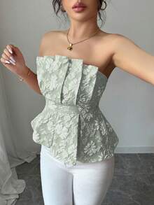 Rafferiza 女士奢华优雅花卉抹胸不对称上衣 - 綠色 - 查看 5