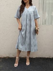 Vivie Lora Vestido casual de media longitud con estampado de rayas verticales azules de corte holgado y cuello en V para mujer, primavera - Azul - Ver 7