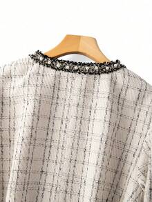 GlowEve CURVE 2pcs Plus Size Women Elegant Black Contrast Pearl Beaded Trim V-Neck Long Sleeve Cardigan Jacket And Round Neck Pearl Embellished Maxi Dress Set, Suitable For Autumn/Winter Casual, Commute, Party - Light Grey - View 5