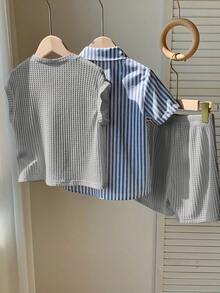 SHEIN Conjunto de 3 piezas para niños pequeños: chaleco casual, camisa a rayas y pantalones cortos, adecuado para fiesta de cumpleaños, fiesta de noche, actuación, boda, escuela, bautizo, baby shower, primavera/verano/otoño - Gris - Ver 2