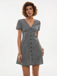 Poéselle 女士休闲格子前开襟纽扣收腰短袖迷你连衣裙，夏季 - 黑色 - 查看 7