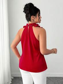 Elenzga Red Plain Cold Shoulder Sleeveless Plus Size Top With Ruffle Stand Collar Elegant Blouse - Red - View 2