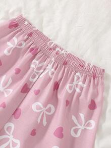 Girls' White Bow Print Pink Short Sleeve Top Paired With Plaid Bow & Heart Print Ruffle Hem Pants Pajama Set - Pink - View 6