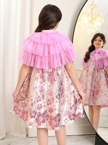 SHEIN Tween Girl Elegant Layered Mesh Trim Sleeveless Jacquard Dress 2 Pieces Set,Pink Silk Long Puffy Flowerance Dress For Teens,Summer Country Concert - Hot Pink - View 8
