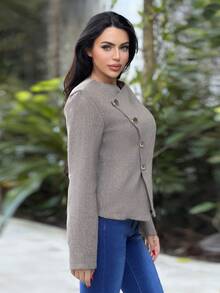 Durrani Popal 女士优雅精致休闲日常通勤新款街头时尚都市时尚斜襟金属纽扣腰部收紧长袖双面羊毛大衣，秋冬 - 卡其色 - 查看 4