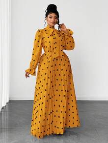 Maweii Plus Size Polka Dot Print Ruffle Valentine's Day Casual Dress - Yellow - View 1