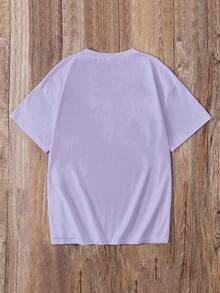 SHEIN EZwear Áo thun nữ dáng rộng, phong cách tối giản, cổ tròn, tay ngắn, in chữ tiếng Anh nổi bật. - Màu tím hoa cà - Xem 7