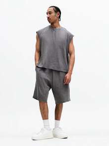 SUMWON Bộ đồ hai mảnh dáng rộng gồm áo tank top và quần short, chất liệu cotton thô, thích hợp cho mùa hè. - Xám - Xem 1