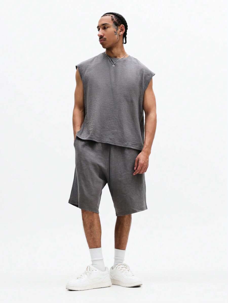 SUMWON Bộ đồ hai mảnh dáng rộng gồm áo tank top và quần short, chất liệu cotton thô, thích hợp cho mùa hè. - Xám - Xem 1