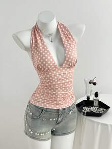 Elamini 女士简约浪漫情人节粉色波点露背褶皱修身吊带衫 - 粉色 - 查看 5