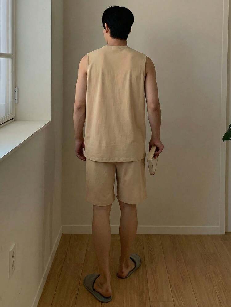 Camel Color Vest And Shorts Men's Pajama Set, Summer
