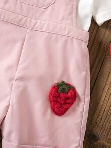 SHEIN 女婴可爱百搭休闲粉色草莓图案背带短裤 - 彩色 - 查看 3