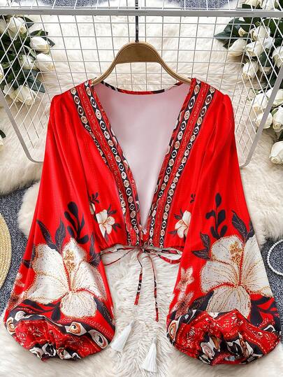 Franclia Plus Size Women Floral Tie Front Shirt