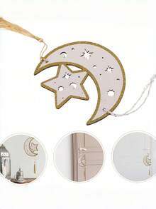 Cirelle Decoración colgante de pared de estrella y luna de madera con diseño calado y adorno de flecos, decoración para fiestas y festividades de Ramadán - Multicolor - Ver 5