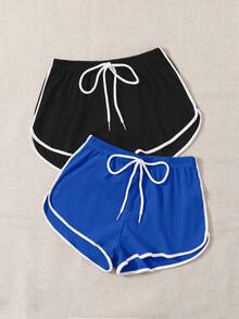 SHEIN EZwear 夏季套装 2 件装 打结腰海豚短裤 - 寶藍色 - 查看 5