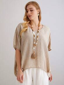 Parysyn 大码梭织休闲宽松夏季衬衫 - 卡其色 - 查看 7