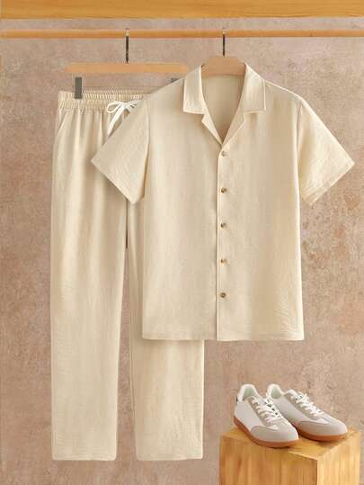 HIMLAND Men's Casual Solid Color Short Sleeve Shirt And Pants Set, Summer ,Men's Beige Linen Guayabera Style Set ,Summer Beach Wedding Guest Outfit Men ,Casual 2 Piece Button Up Shirt And Trousers ,Old Money Aesthetic Summer Clothes ,Breathable Vacation Co-Ord Set Cream ,Boho Hippie Style Men's Clothing ,Short Sleeve Camp Collar Shirt And Drawstring Pants ,The Resort Classic: Men's Cream Cuban Collar Shirt & Trouser Set - Vintage Summer Vibes