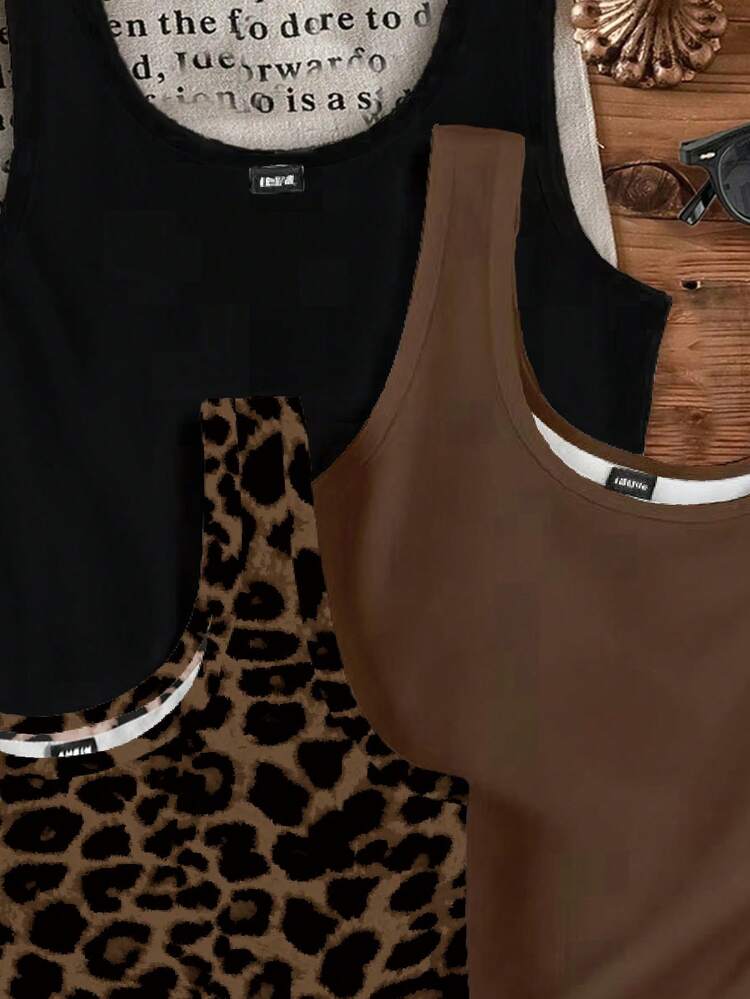 SHEIN EZwear 3 peças/Conjunto Regatas Casuais Sólidas e com Estampa de Leopardo para Mulheres, Adequadas para o Verão - Multicolorido - Visão 3