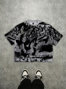 Manfinity ZONE917 High Quality Men's Loose Fit Gray & Black Graffiti Eye & Butterfly English Graphic Print Short T-Shirt - Multicolor - View 6