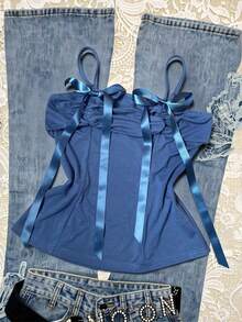 INAWLY Women's Casual Slim-Fit Camisole Top With Bow - Blue - View 3