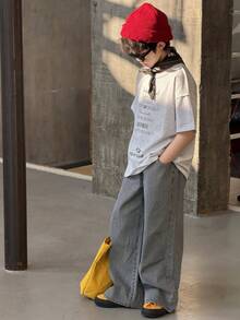 DAZY 青少年男童条纹口袋休闲百搭日常阔腿牛仔裤 - 藍色 - 查看 2