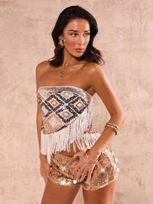 Glamine Women's Sequin Design Fringe Hem Fashionable Glamorous Bandeau Top - Multicolor - View 5