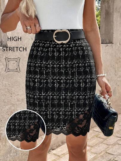 Editum Falda elegante y nueva de cintura alta para mujer, con efecto estilizante, de punto elástico con parches de encaje, estampado falso, para uso diario y de oficina. Falda de encaje primaveral para mujer, de alta elasticidad, ajuste ceñido, adecuada para primavera/verano, carnaval, falda negra de encaje, falda con cinturón, falda a cuadros negra, falda gótica, falda lápiz, falda de ganchillo