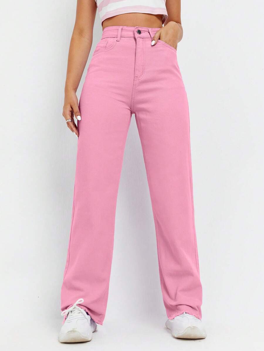 EMERY ROSE Quần Jeans Ống Thẳng Màu Trơn Đa Năng Thường Ngày - Hồng - Xem 1