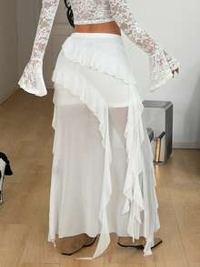 Coolane Women's Summer Concert Outfit Streetwear Vacation Outfits Boho Y2K Country Concert Gyaru Lace Asymmetrical Ruffle Fringe White Low Rise Long Skirts - White - View 7