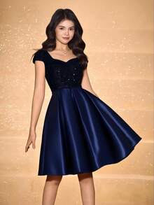 Đầm Halloween/Giáng sinh không tay, đính sequin, phối nhiều mảnh, thắt eo, thanh lịch dành cho tuổi teen. - Màu xanh hải quân - Xem 5