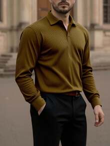 Manfinity Homme Men's Solid Color Ribbed Polo Shirt, Fall - Coffee Brown - View 4