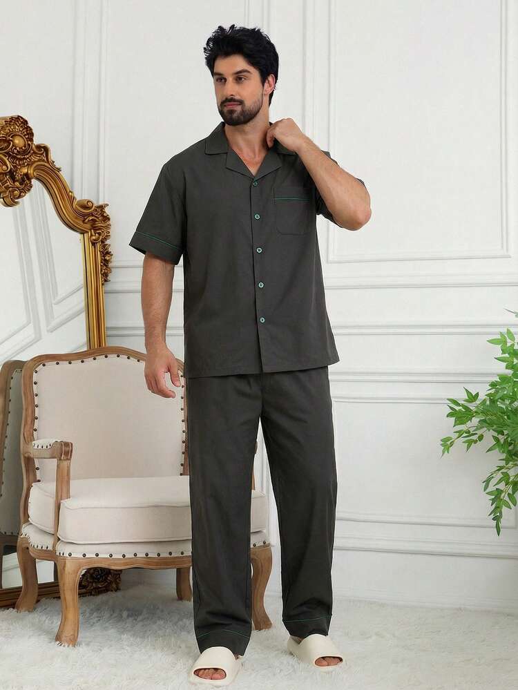 Men's Solid Color Short Sleeve Shirt And Pants Pajama Set, Spring/Summer