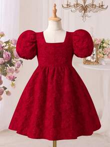 SHEIN Tween Girl Red Solid Color Short Sleeve Mini Dress, Red Dress, Beaded Puff Sleeve Backless Bow Design, Casual, Graduation, Outfit - Red - View 3