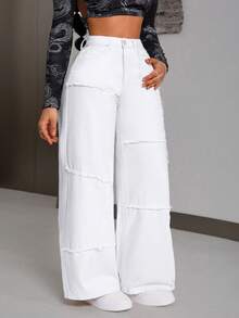 SHEIN PETITE Quần jeans nữ ống rộng cạp cao, gấu quần rách, dáng rộng thoải mái, phong cách thường ngày. - trắng - Xem 4