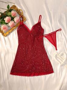 2pcs Valentine's Day Party/Date/Vacation Sequins Backless Lingerie Set: Bra Top And Thong Panty - Burgundy - View 4
