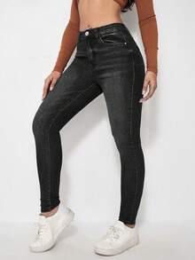 SHEIN EZwear Quần jeans nữ dáng ôm, cạp chun, túi xéo, kiểu dáng thường ngày, đã qua xử lý giặt, có túi chéo. - màu đen - Xem 4