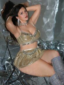 MidnightGlam 两件套加大码女士金属亮片边饰内衣套装 - 香檳色 - 查看 1